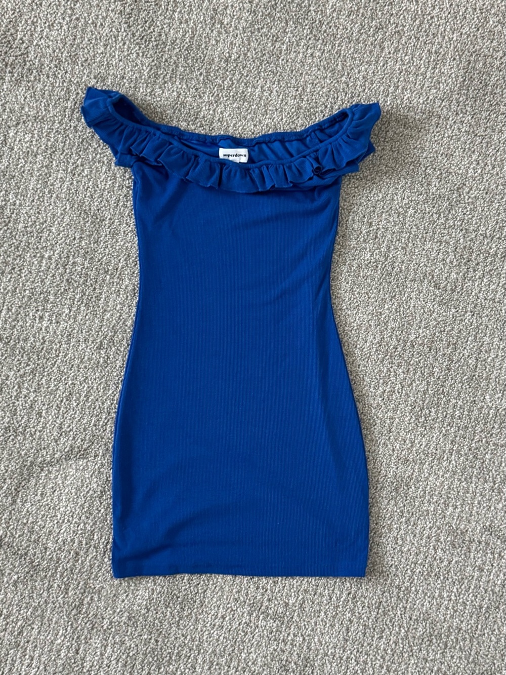 Revolve superdown Blue Rib Off-Shoulder Ruffle Mini Dress
